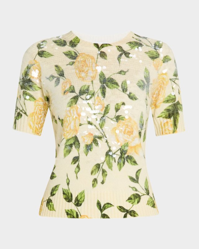 English Rose-Print Sequined Short-Sleeve Sweater